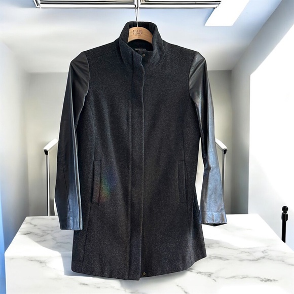 Eileen Fisher SET Leather Trimmed Wool Melton Coat and Pants - Picture 2 of 16